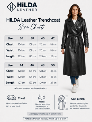 Hilda Leather Roxanne Women's Black Genuine Leather Trench Coat – Size Chart EU 36–50 with Chest, Waist and Length Measurements – Hilda Leather Antalya Turkey