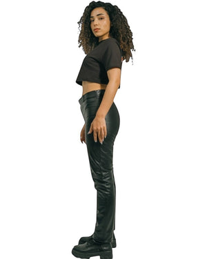 Hilda Leather Women's black high-waist slim fit genuine lamb leather pants with front zip fastening and half lined lycra.