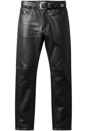 Hilda Leather black genuine lamb nappa leather pants with straight leg cut and silver buckle belt.