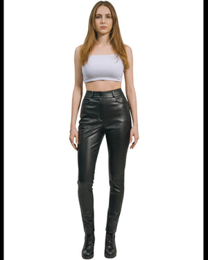 Hilda Leather black genuine lambskin trousers for women, classic jean style with 5 pockets and zip fastening.