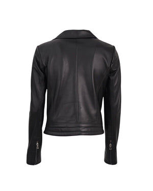 Hilda Leather black genuine lamb leather biker jacket with double side zippers and slim fit.