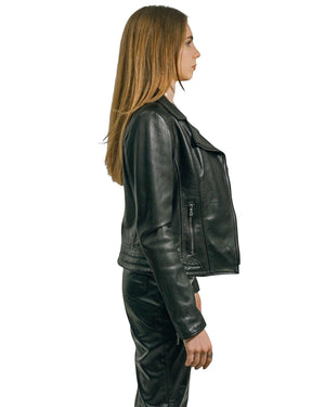 Hilda Leather black genuine lamb leather biker jacket with double side zippers and slim fit.