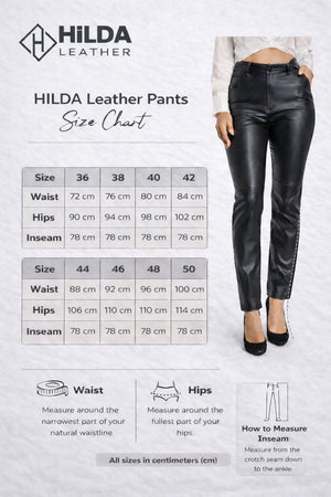 Hilda Leather women's black genuine lamb leather slim fit pants with side pockets and belt waist. Size chart included.