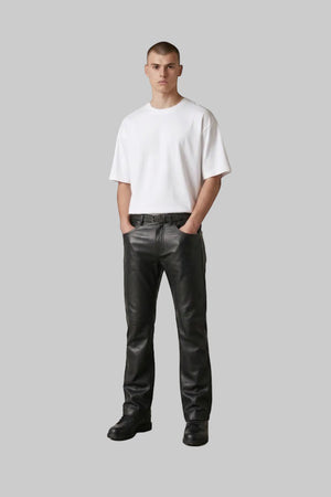 Hilda Leather men's black genuine lambskin straight leg pants with a classic jean style and comfortable lining. Antalya Turkey