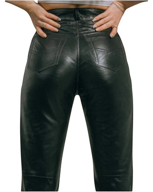 Hilda Leather black genuine lambskin leather pants for women, classic jean style with 5 pockets.