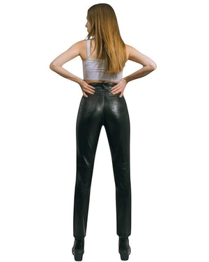 Hilda Leather black genuine lambskin leather pants for women, classic jean style with 5 pockets.