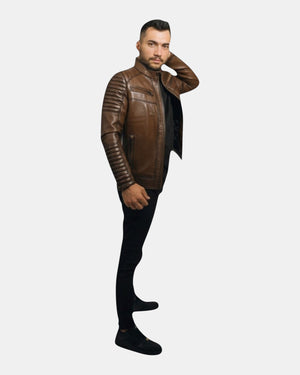 Hilda Leather men's brown genuine lambskin leather jacket with quilted seams and four front zipper pockets.