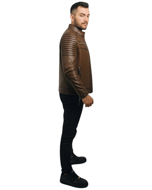 Hilda Leather men's brown genuine lambskin leather jacket with quilted shoulders and zipper pockets.