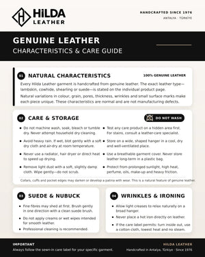 Hilda Leather care guide infographic for genuine lambskin and suede garments with storage and cleaning instructions