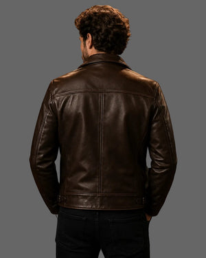 Back view of a man wearing a Hilda Leather dark brown full-grain cowhide biker jacket with structured seams.
