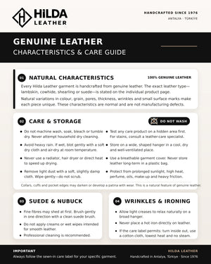 Hilda Leather genuine leather care and maintenance guide infographic for handmade garments