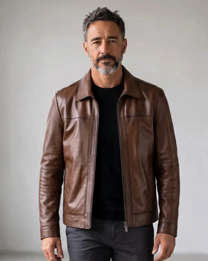 Hilda Leather Leon men's shadow brown lambskin leather jacket with a classic regular fit and clean design.