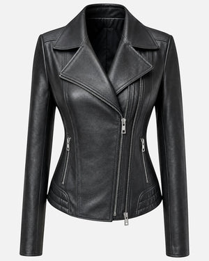 Hilda Leather Lotus women's black lambskin biker jacket with bold double side zippers and a slim fit silhouette. Antalya, Turkey