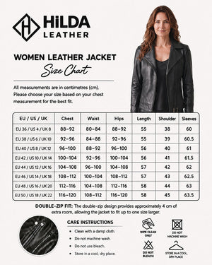 Hilda Leather Lotus black lambskin biker jacket with double side zippers worn by a woman next to a size chart. Antalya, Turkey.