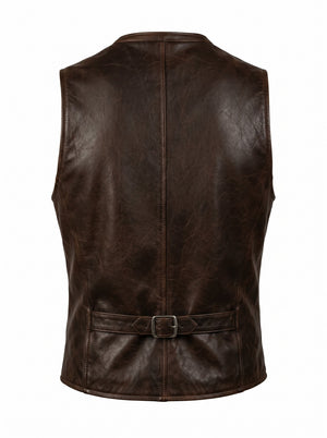 Men's Brown Genuine Leather Waistcoat – Ghost Mannequin Back View with Adjustable Buckle Strap | Hilda Leather