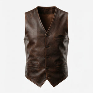 Men's Brown Genuine Leather Waistcoat – Ghost Mannequin Front View with Button Detail | Hilda Leather