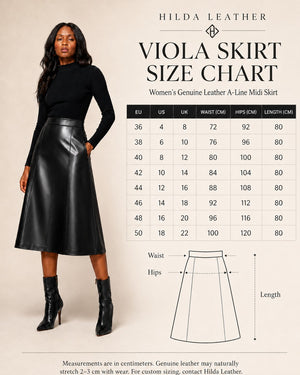 Hilda Leather Viola Skirt Size Chart poster featuring a model wearing a black leather A-line midi skirt, a black top, and black boots, alongside a size measurement table and a simple line drawing of the skirt with waist and hips marked.