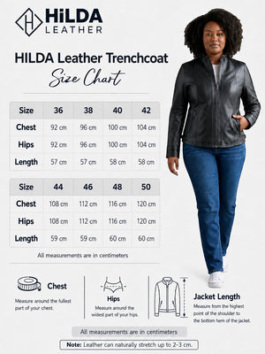 Hilda Leather women's black lambskin jacket size chart with model wearing the Kylee stand collar leather jacket