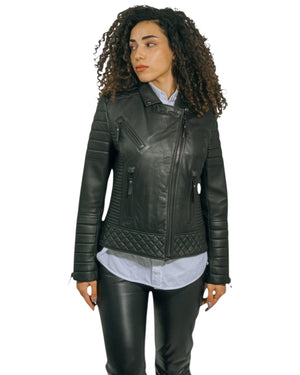 Women's Quilted Black Genuine Leather Biker Jacket Venice.
