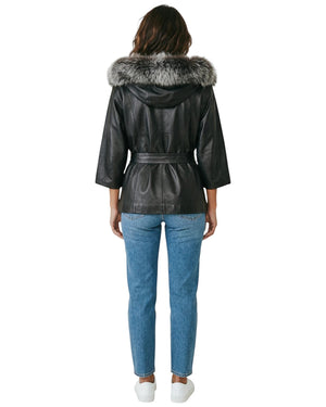 Hilda Leather black leather jacket with faux fur trimmed hood and tie waist, three-quarter sleeves.