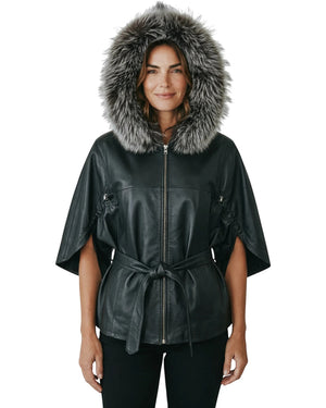 Hilda Leather black leather jacket with faux fur trimmed hood and tie waist. Three-quarter sleeves.