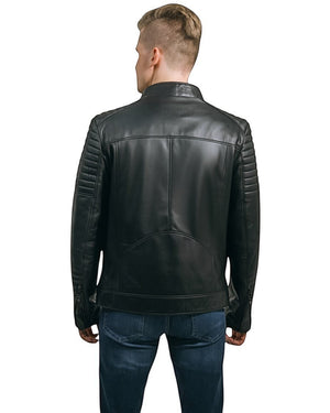 Black Genuine Leather Plus Size Men's Jacket With Quilted Details On Sholder and Sleewes Brad.