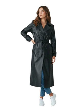 Hilda Leather Roxanne women's black genuine leather oversized trench coat, front view on another model