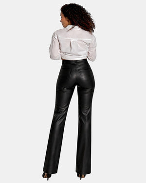 Hilda Leather women's black genuine leather pants with a straight-leg cut and jean-style detailing.