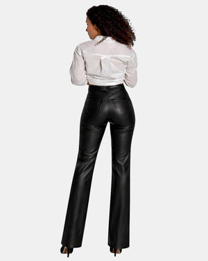 Hilda Leather women's black genuine leather pants with a straight-leg cut and jean-style detailing.