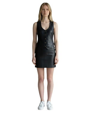 Classic Genuine Leather Vest Black for Women Mayda with skirt combine - Hilda Leather -Antalya - Turkey