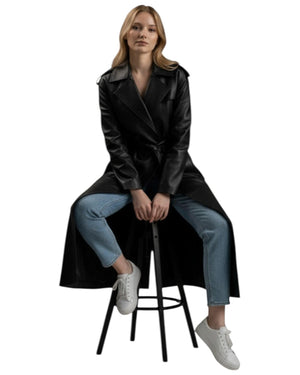 Hilda Leather Roxanne trench coat — model wearing oversized black leather coat