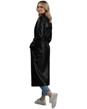 Hilda Leather Roxanne trench coat — three-quarter view on model