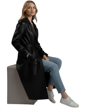 Hilda Leather Roxanne trench coat — lifestyle shot, women's black leather trench coat