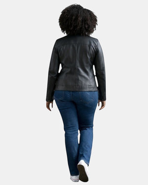 Hilda Leather women's black genuine leather jacket with stand collar and zip pockets.