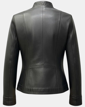 Hilda Leather women's black genuine leather jacket with stand collar and tailored fit.