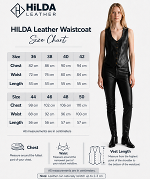 Women's waistcoat size chart with a model wearing the waistcoat. Hilda Leather -Antalya - Turkey