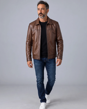 Hilda Leather Leon men's shadow brown lambskin leather jacket with a regular fit and clean design.