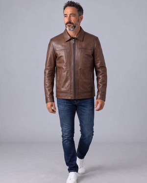Hilda Leather Leon men's shadow brown lambskin leather jacket with a regular fit and clean, minimalist design.