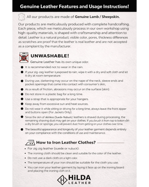 Sheet of paper with Hilda Leather genuine leather features and usage instructions.