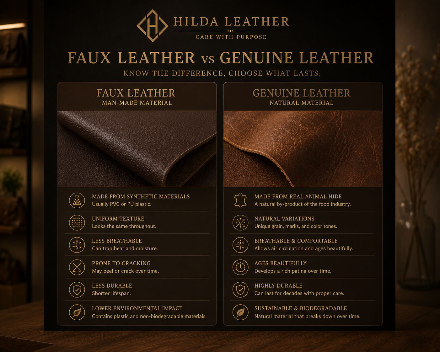 Genuine leather jacket vs faux leather jacket comparison – quality, durability and feel guide by Hilda Leather