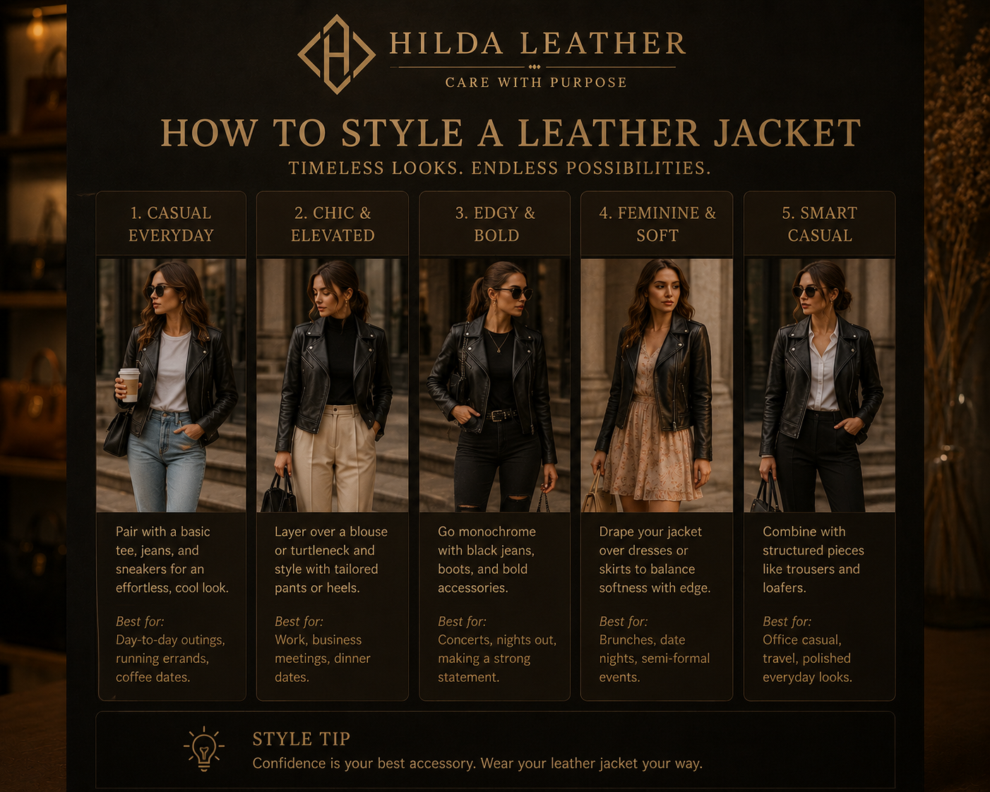 Women's genuine leather jacket styled with jeans, slip dress and leather skirt – outfit ideas by Hilda Leather