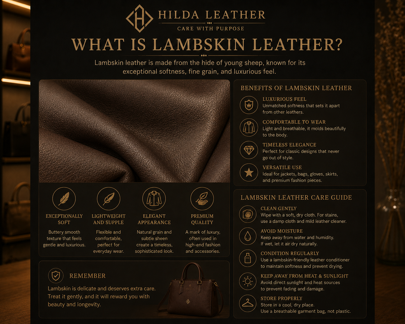 Lambskin leather jacket close-up showing soft texture and fine grain – premium genuine lambskin leather by Hilda Leather