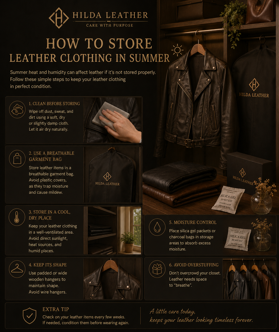 Genuine leather jacket and clothing stored on padded hangers in a cool wardrobe – summer leather storage tips by Hilda Leather