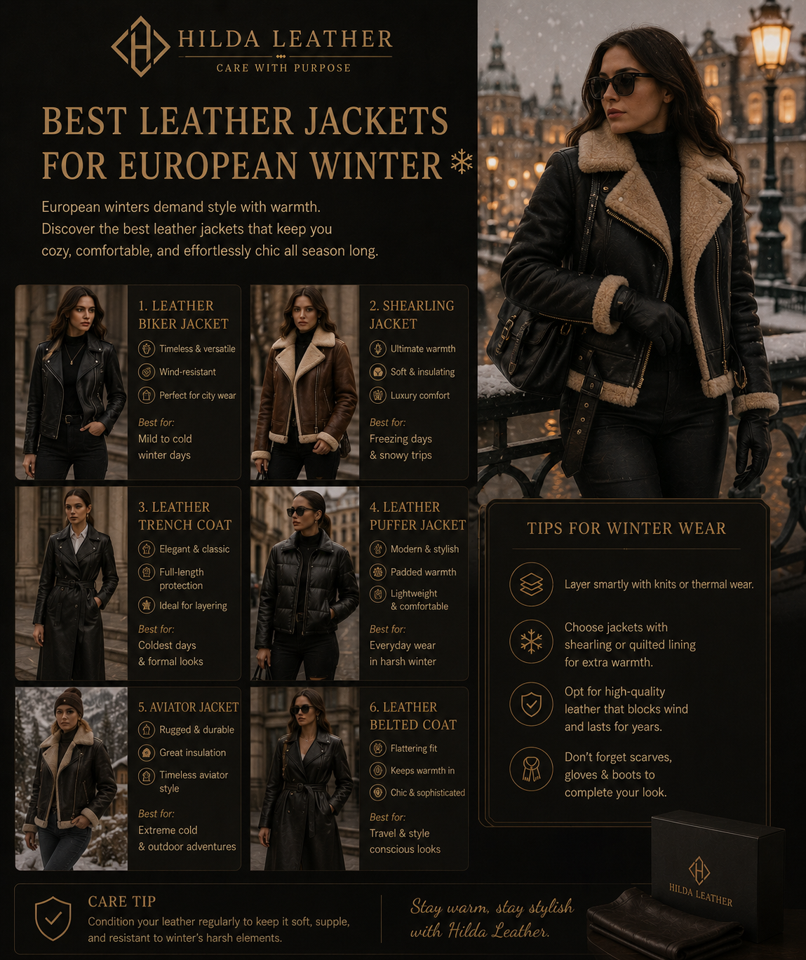 Best genuine leather jackets for European winter – lambskin biker, shearling pilot and leather trench coat styles by Hilda Leather