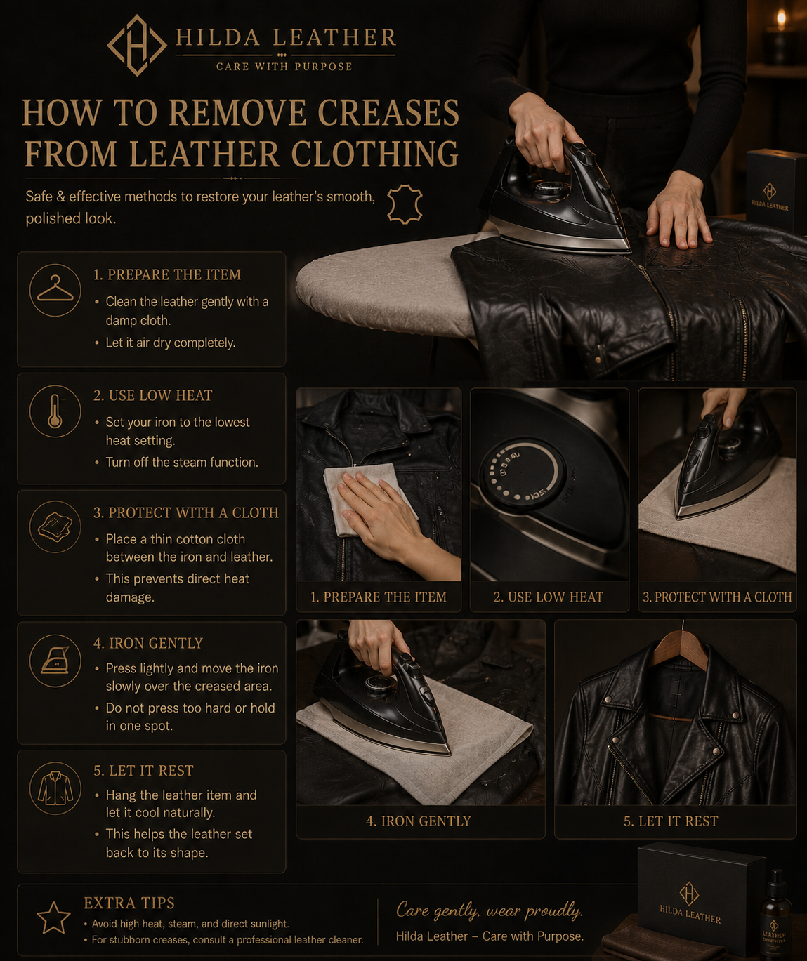 How to remove creases from a genuine leather jacket using ironing steam and a protective cloth – leather care guide by Hilda Leather