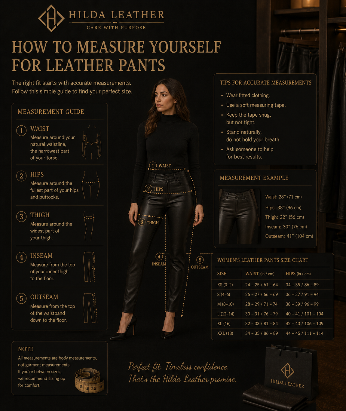 How to measure yourself for genuine leather pants – waist, hip and inseam measurement guide by Hilda Leather