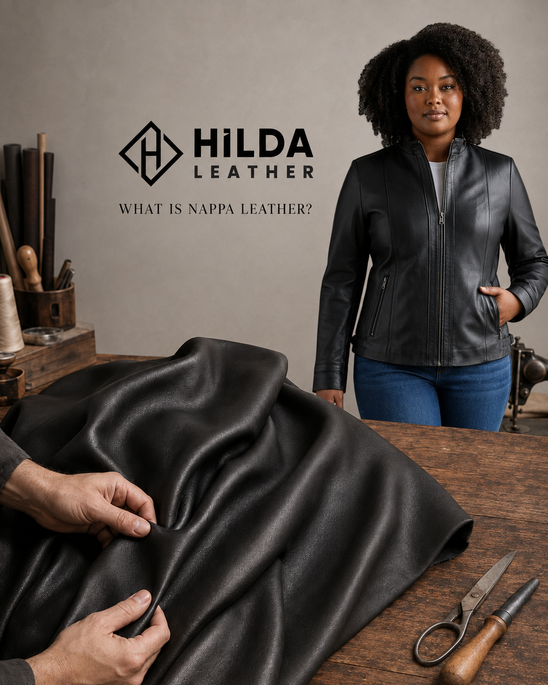 Close-up of soft black Nappa lambskin used for handcrafted Hilda Leather clothing