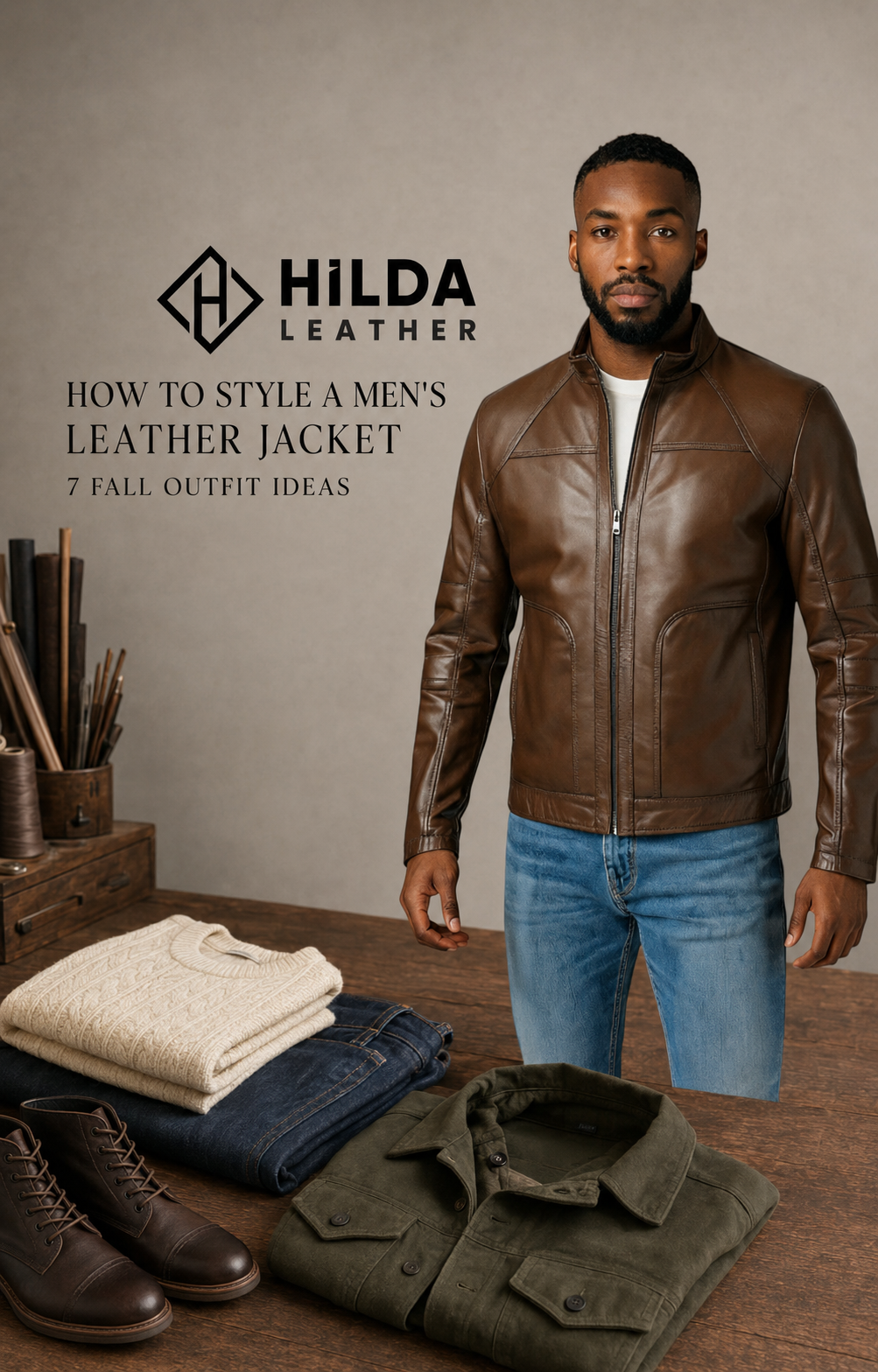  Man styling a genuine leather jacket with layered fall clothing by Hilda Leather