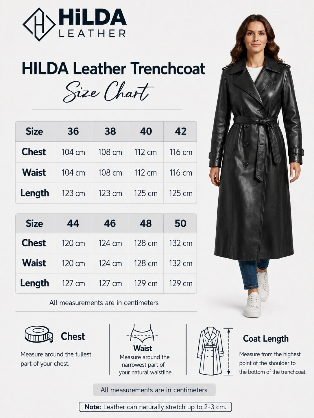 Hilda Leather Roxanne Women's Black Genuine Leather Trench Coat – Size Chart EU 36–50 with Chest, Waist and Length Measurements – Hilda Leather Antalya Turkey