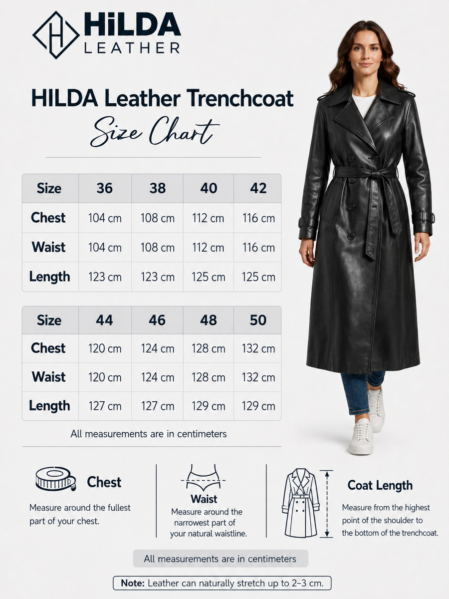 Hilda Leather Roxanne Women's Black Genuine Leather Trench Coat – Size Chart EU 36–50 with Chest, Waist and Length Measurements – Hilda Leather Antalya Turkey